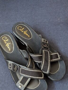 Cole Haan Black Leather & Fabric Crossover Slide Sandals